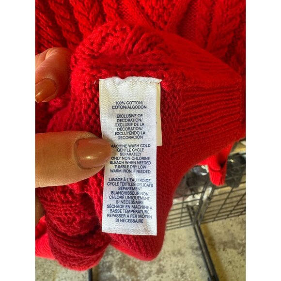 Chaps Red Fisherman Cable Knit Sweater 3 button M 100% Cotton Long Sleeve Preppy - Picture 6 of 10